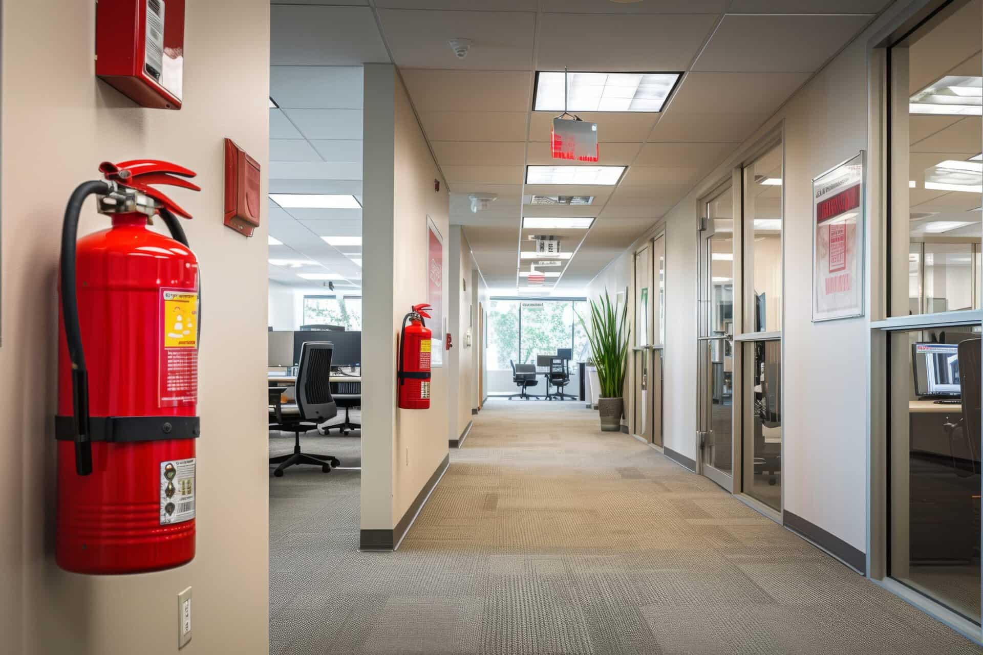 Fire extinguisher on office wall.